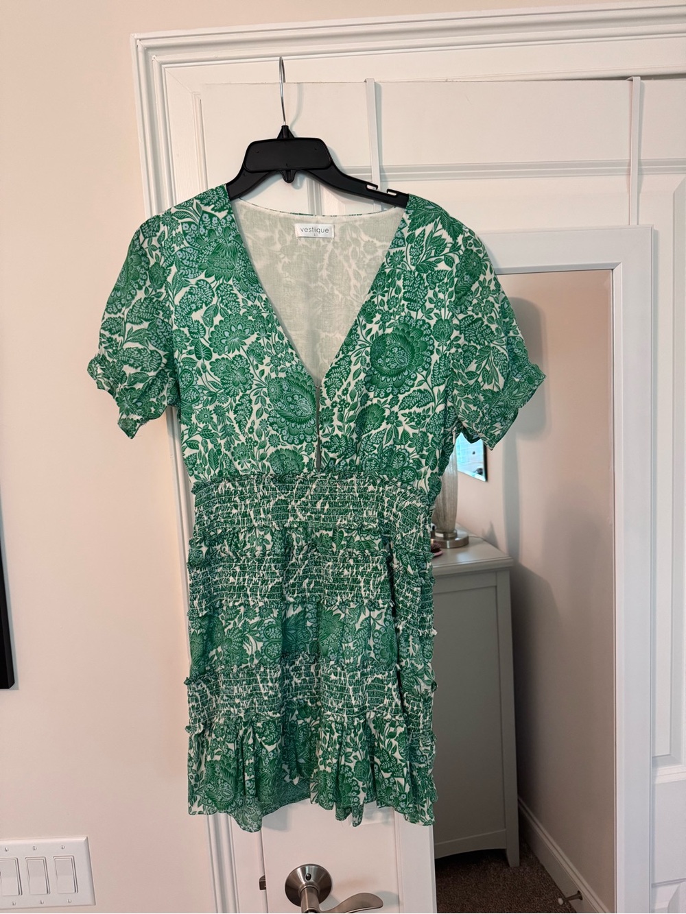 vestique Green and White Floral V-Neck Smocked Mini Dress
